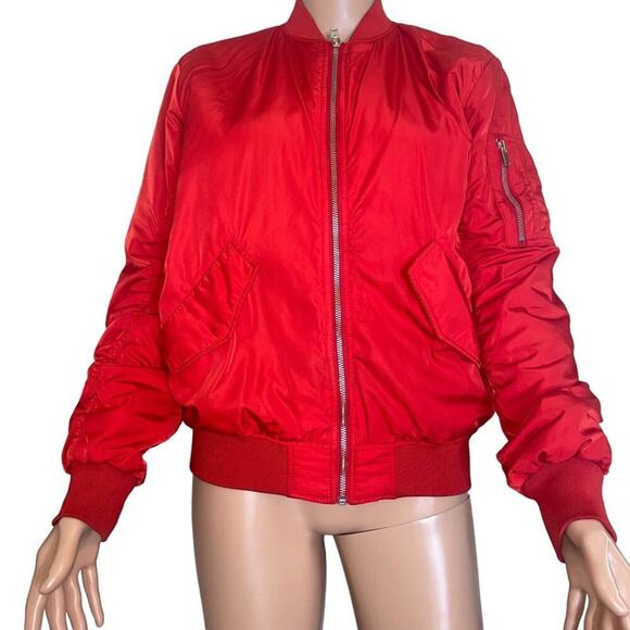 H&M jacket red utility nylon military style full zip shoulder zip SZ 2 bomber - Picture 2 of 9